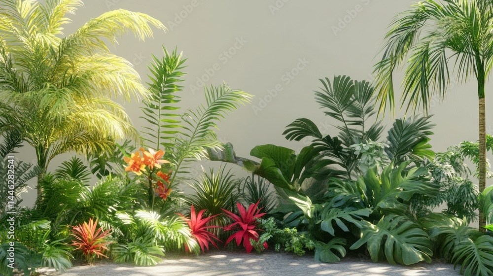 A lush collection of various tropical plants against a wall