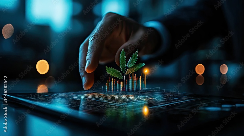 A human hand touches a plant above a chart display