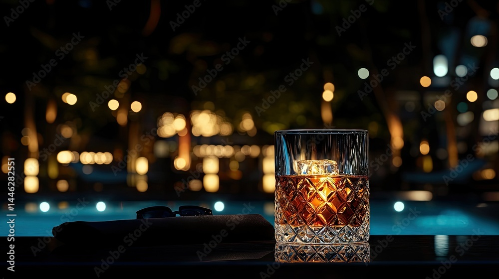 A rocks glass with drink in an evening outdoor setting
