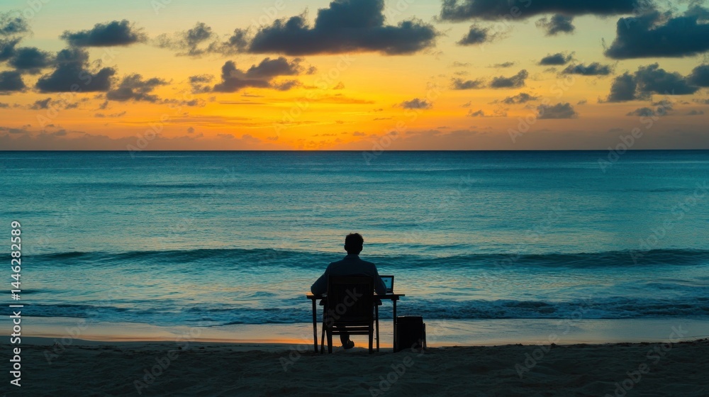 Man works on laptop at beach during beautiful sunset