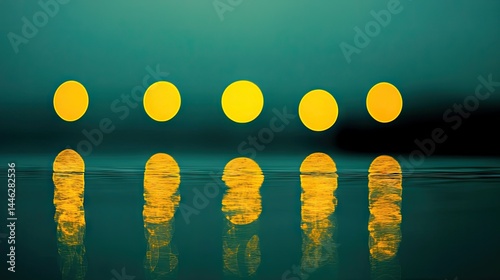 Obraz na płótnie Five yellow circles reflected in rippling water surfaces seamlessly w salonie