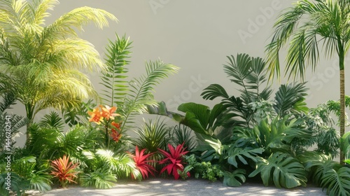 Obraz na płótnie A lush collection of various tropical plants against a wall w salonie