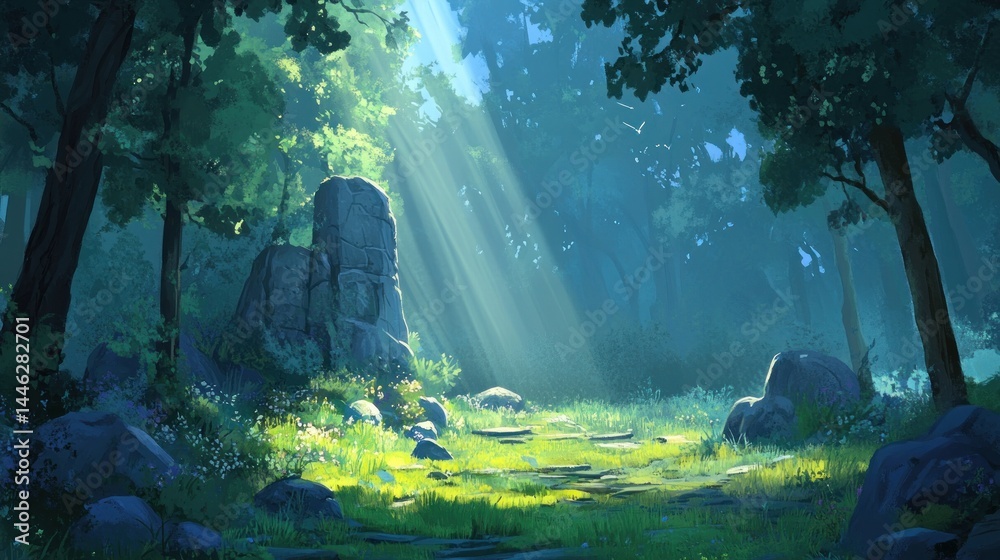 Sunlight shines through the trees onto a forest path