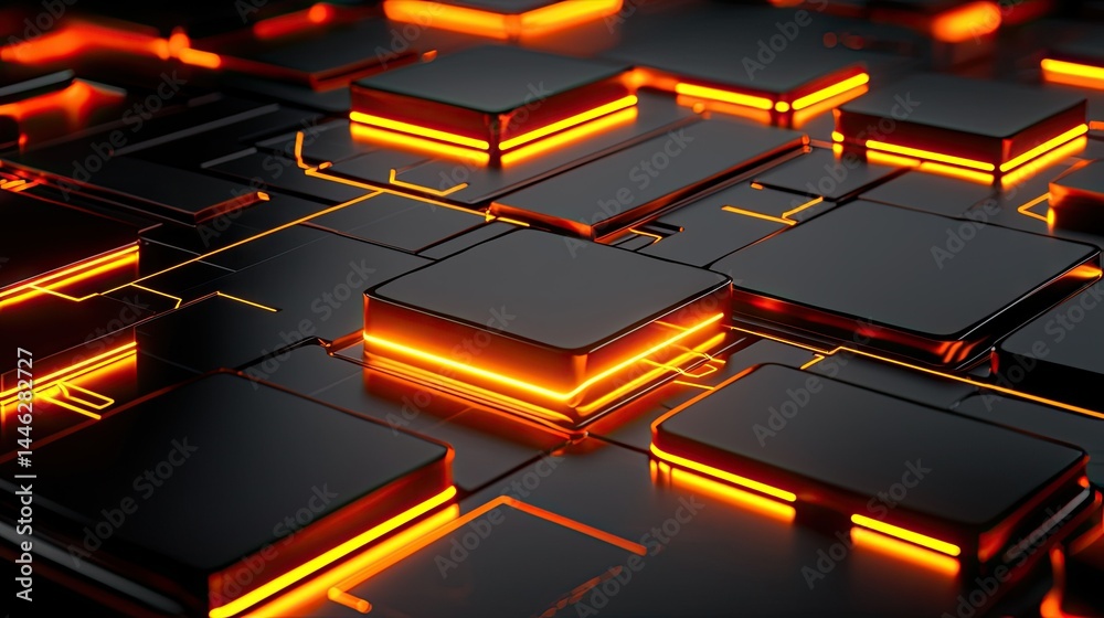 Illuminated futuristic abstract composition of glowing rectangular blocks and lines