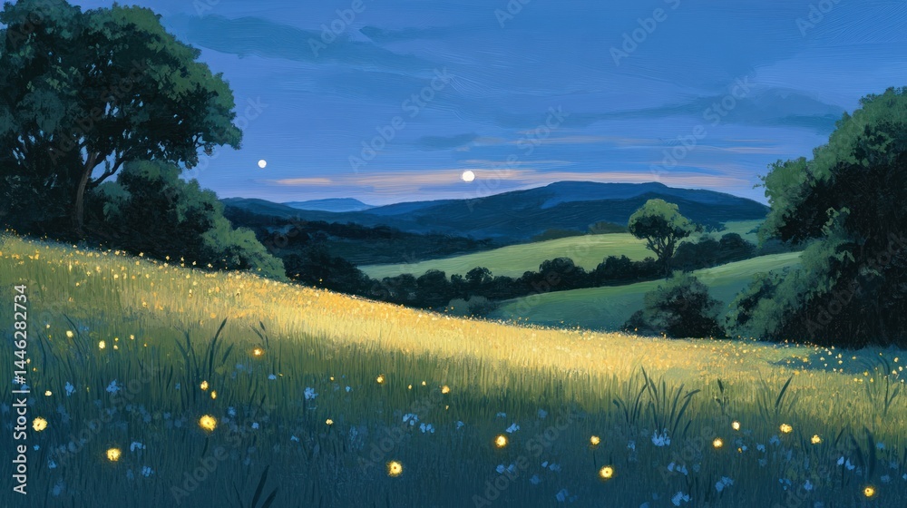 Pastoral landscape with glowing flowers under a twilight sky