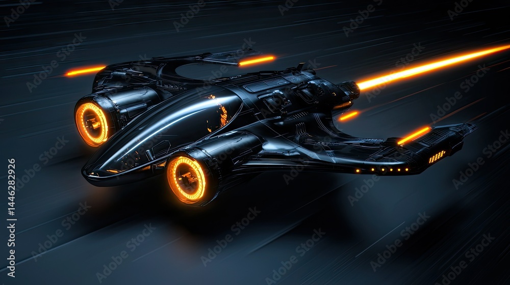 A futuristic spaceship firing a brilliant energy beam in space