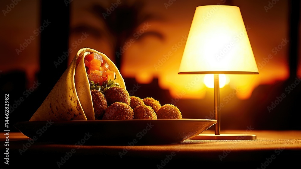 A delicious falafel wrap is presented with warm lighting
