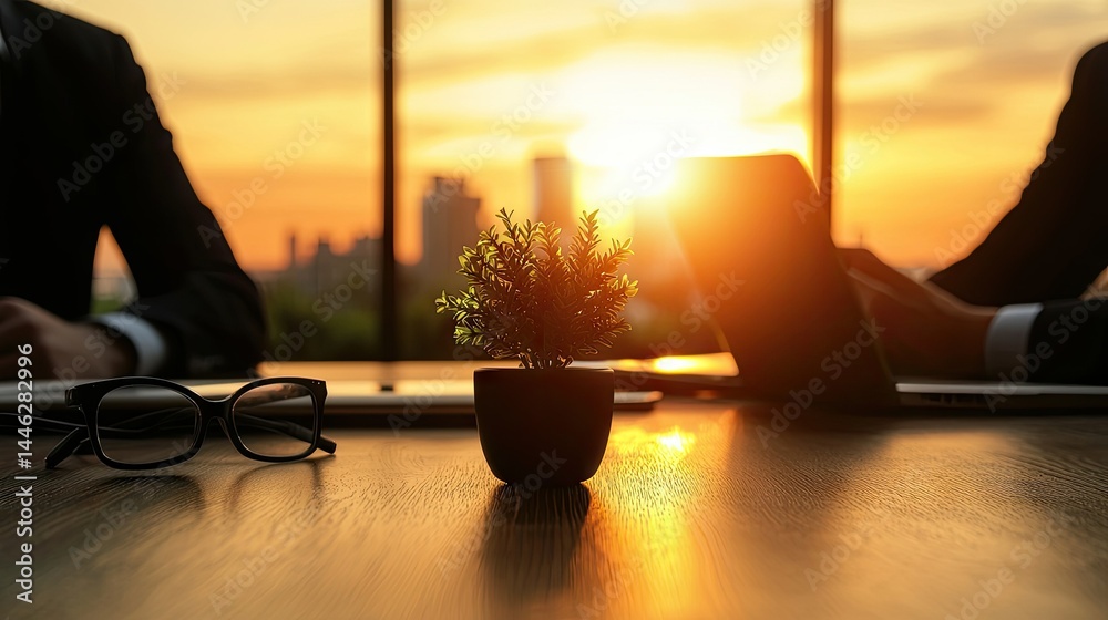 People working in an office setting at sunset time