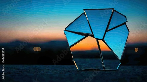 An Abstract Sculpture Reflects a Vivid Sunset Sky Beautifully