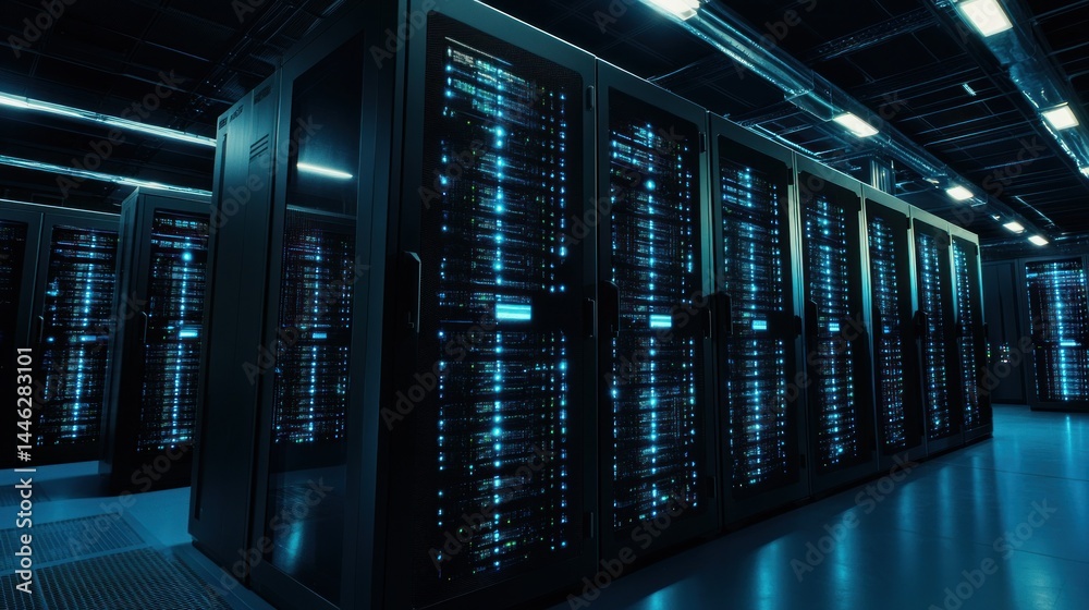 Rows of server racks filled with computer equipment glow blue