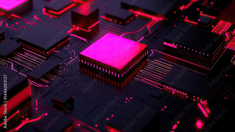 A close up rendering of a digital circuit board and its components