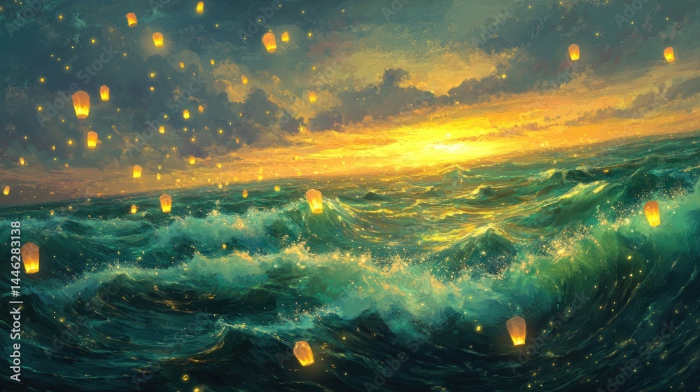 Floating lanterns over a turbulent sea during a vibrant sunset