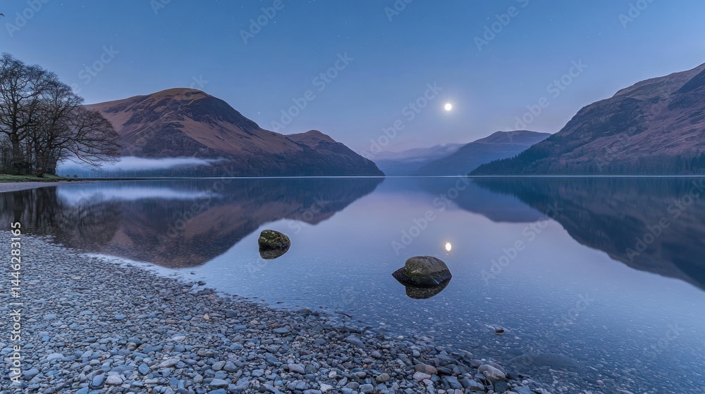 Tranquil lake reflects mountains and moon under a twilight sky