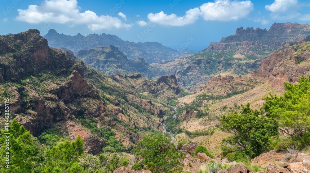 A stunning panorama showcases jagged mountains under a partly cloudy sky A stunning panorama showcases jagged mountains under a partly cloudy sky