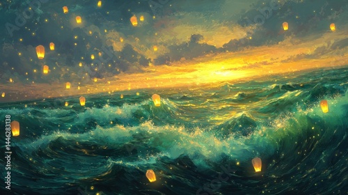 Obraz na płótnie Floating lanterns over a turbulent sea during a vibrant sunset w salonie