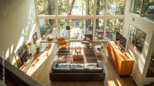 A modern living room features a large window and skylight