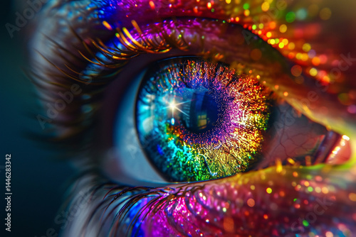 mesmerizing animation showcases intricate beauty of human iris, with rainbow lines radiating from binary circle, creating stunning volumetric representation of person  