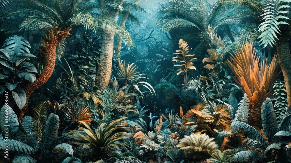 Lush vegetation abounds within a dense and vibrant jungle