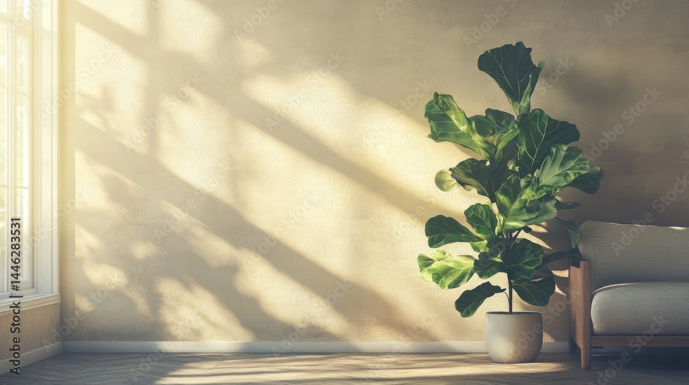 Interior with fig tree casting shadows in a sunlit room