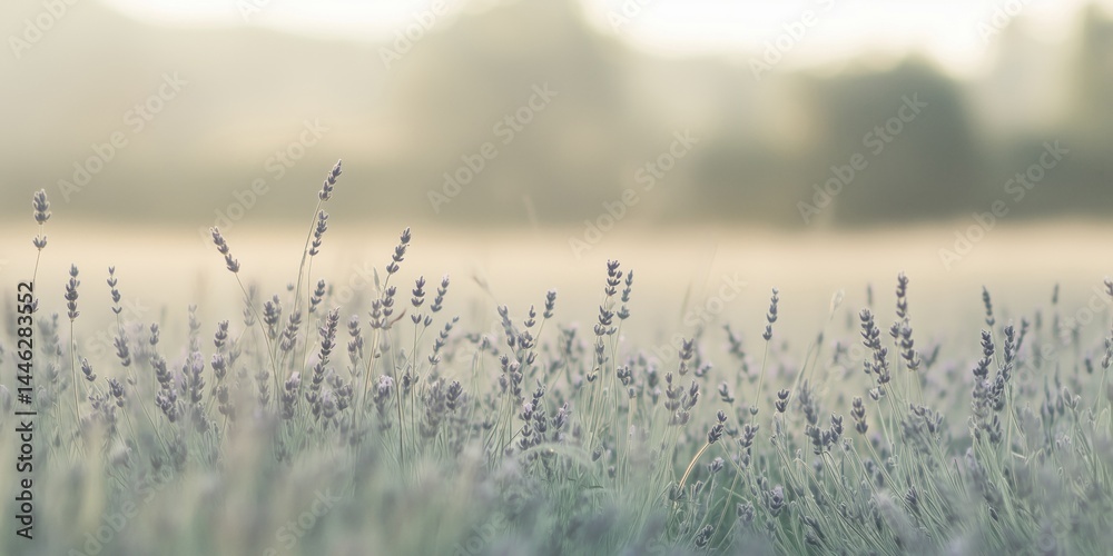 Obraz premium A serene lavender field bathed in soft evening light, evoking tranquility and beauty.