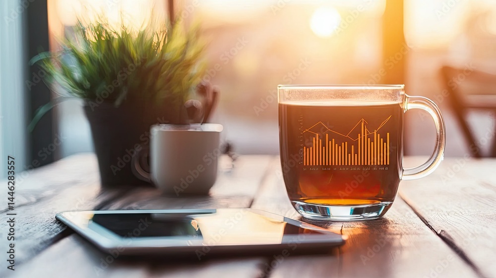 A cup of tea with financial graphs on a wooden table