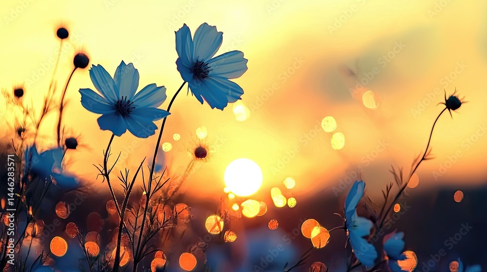 Beautiful blue flowers blossoming against a warm setting sun landscape