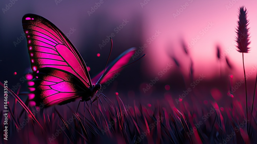 A beautiful butterfly with vivid pink wings in a field