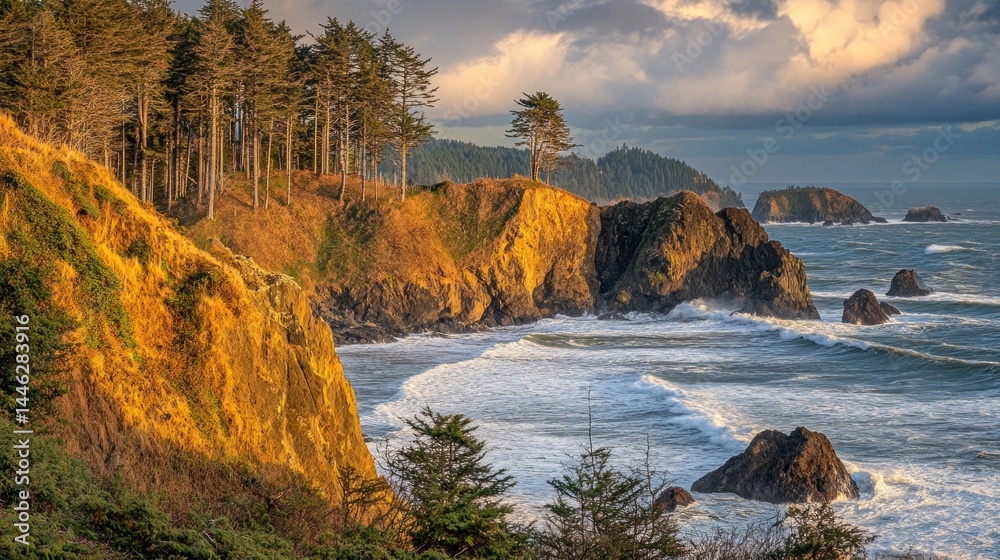 Dramatic coastal cliffs meet the pacific ocean in golden light