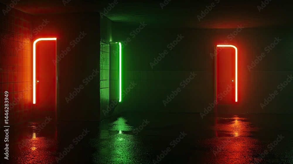 Neon lit doors illuminate a dark wet interior space