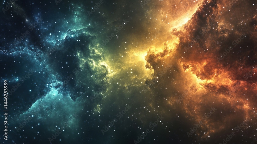 A vividly colored nebula filled with shimmering stars and dust