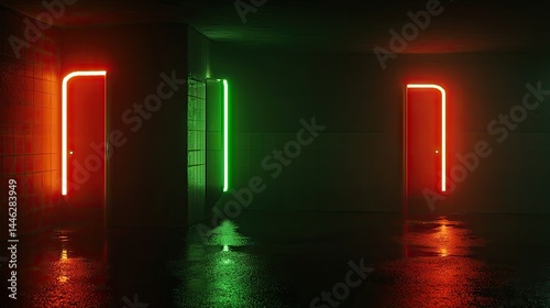 Obraz na płótnie Neon lit doors illuminate a dark wet interior space w salonie