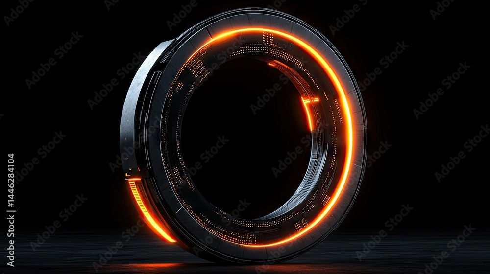 A futuristic glowing circular device illuminated with orange lights