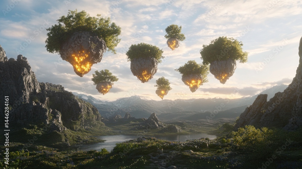 Floating islands with trees hover above a scenic landscape