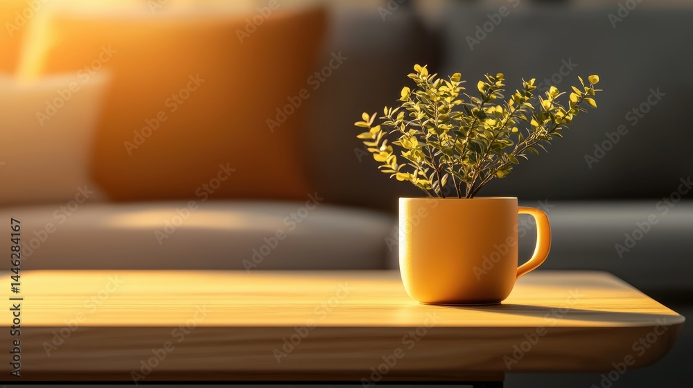 A small potted plant in a yellow cup on a wooden table