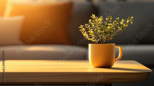 Obraz na płótnie A small potted plant in a yellow cup on a wooden table w salonie