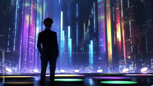 Obraz na płótnie Man in suit stands before a futuristic digital cityscape w salonie