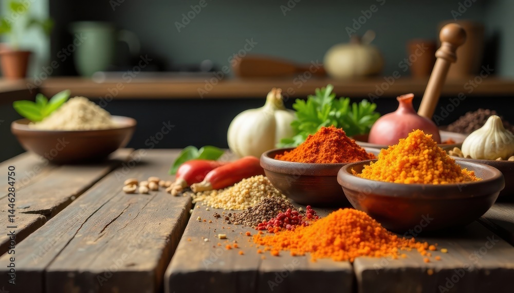 Rustic wooden table, vibrant spices, gleaming utensils, blurred kitchen , salt, table Rustic wooden table, vibrant spices, gleaming utensils, blurred kitchen , salt, table