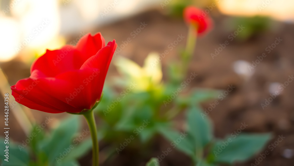 Vibrant Red Blossoms in Springtime Garden: Nature's Beautiful Wildflower Close-Up Vibrant Red Blossoms in Springtime Garden: Nature's Beautiful Wildflower Close-Up