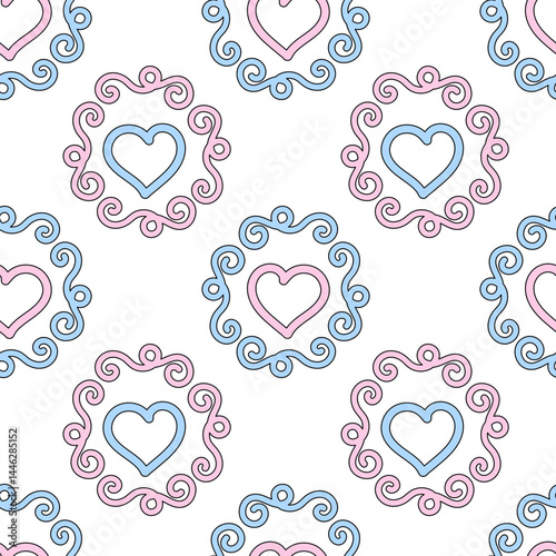 Romantic seamless pattern featuring in soft pastel colors pink and blue tones hearts framed with elegant swirling designs on a white background. Ideal for baby or women items, clothing, bedspread.