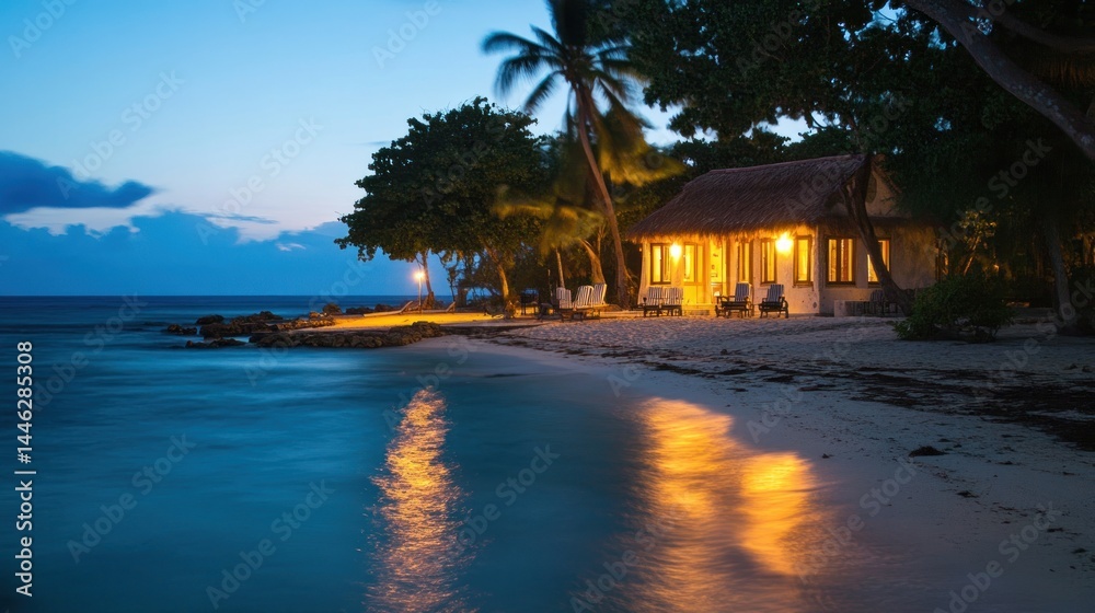 Cozy beachfront bungalow illuminated at dusk near the ocean
