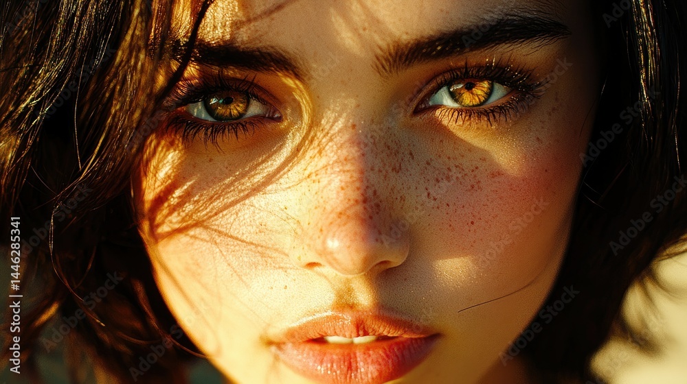 A beautiful woman faces forward with sunlit skin and freckles