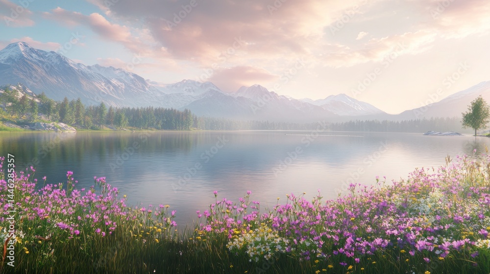 Tranquil lake reflects mountains under pastel dawn sky