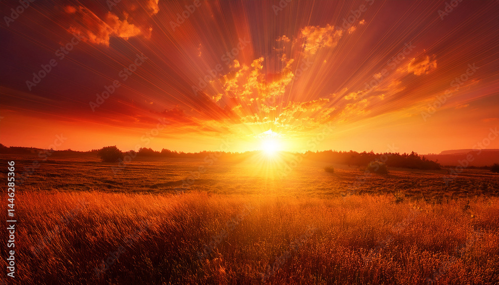 Naklejka premium red sunset bright summer background with sun rays