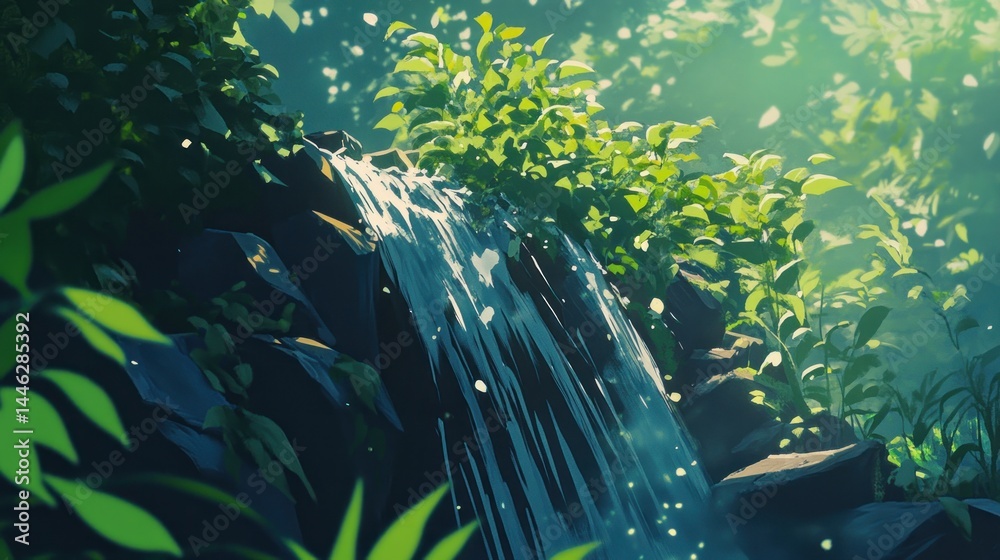 Waterfall cascading down rocks surrounded by green vegetation