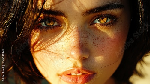 Obraz na płótnie A beautiful woman faces forward with sunlit skin and freckles w salonie