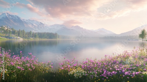 Obraz na płótnie Tranquil lake reflects mountains under pastel dawn sky w salonie
