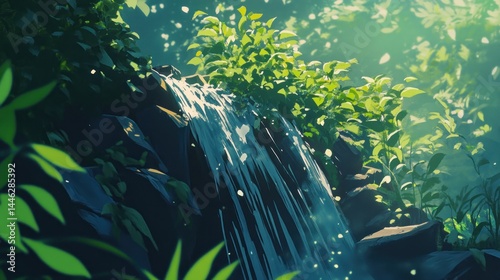 Waterfall cascading down rocks surrounded by green vegetation