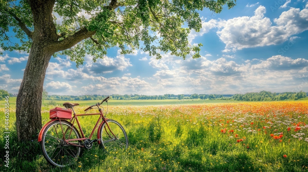Bicycle rests beside tree in field of flowers under sky