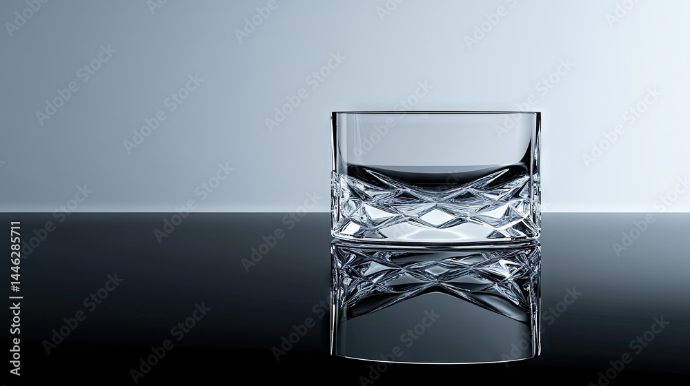 A crystal glass reflecting on a smooth shiny dark surface