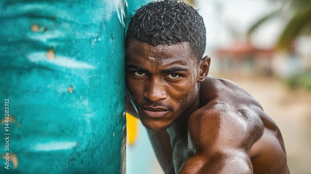 Muscular dark skinned man leaning against turquoise wall looking forward